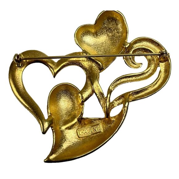 Vintage 80s M Jent Multi Heart Brooch Matt Gold Tone 2.5" Signed - Picture 2 of 9